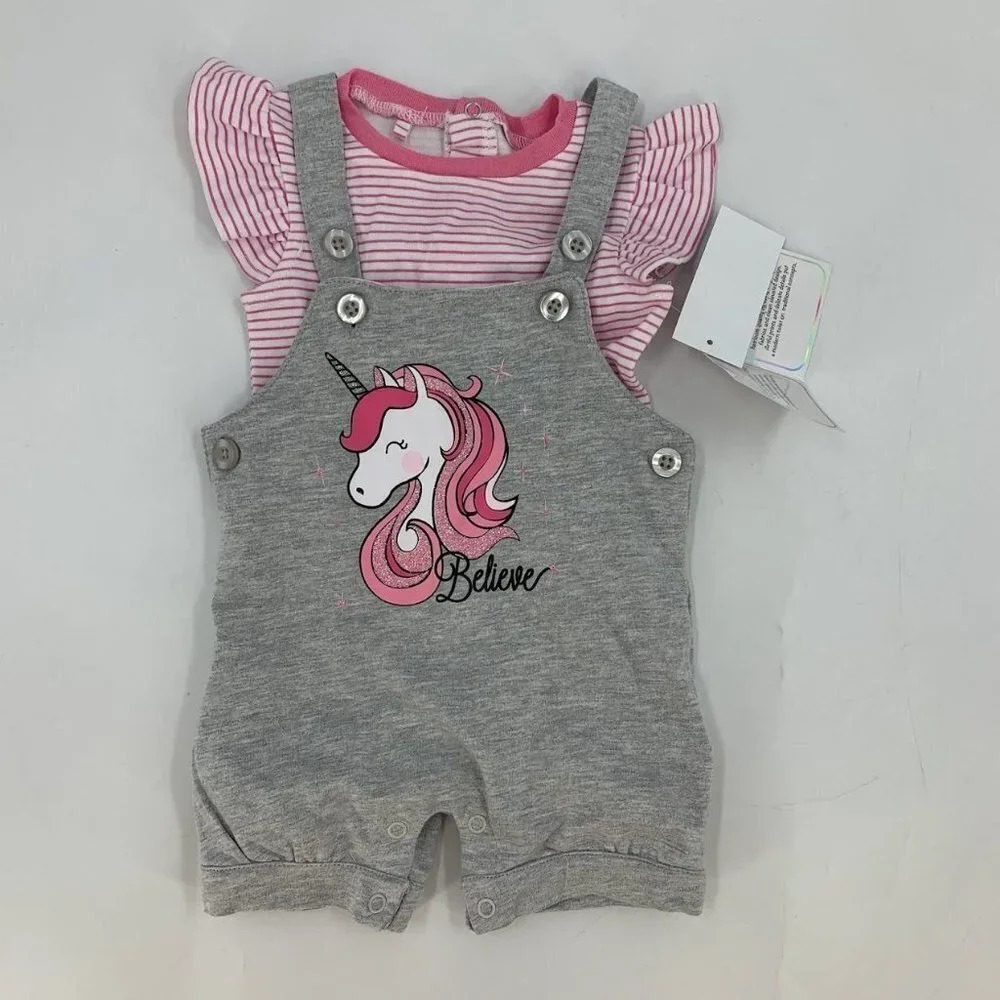 Quiltex Baby's Girls Believe Unicorn Ruffle Shirt Short Romper Set Size 6-9 NWT